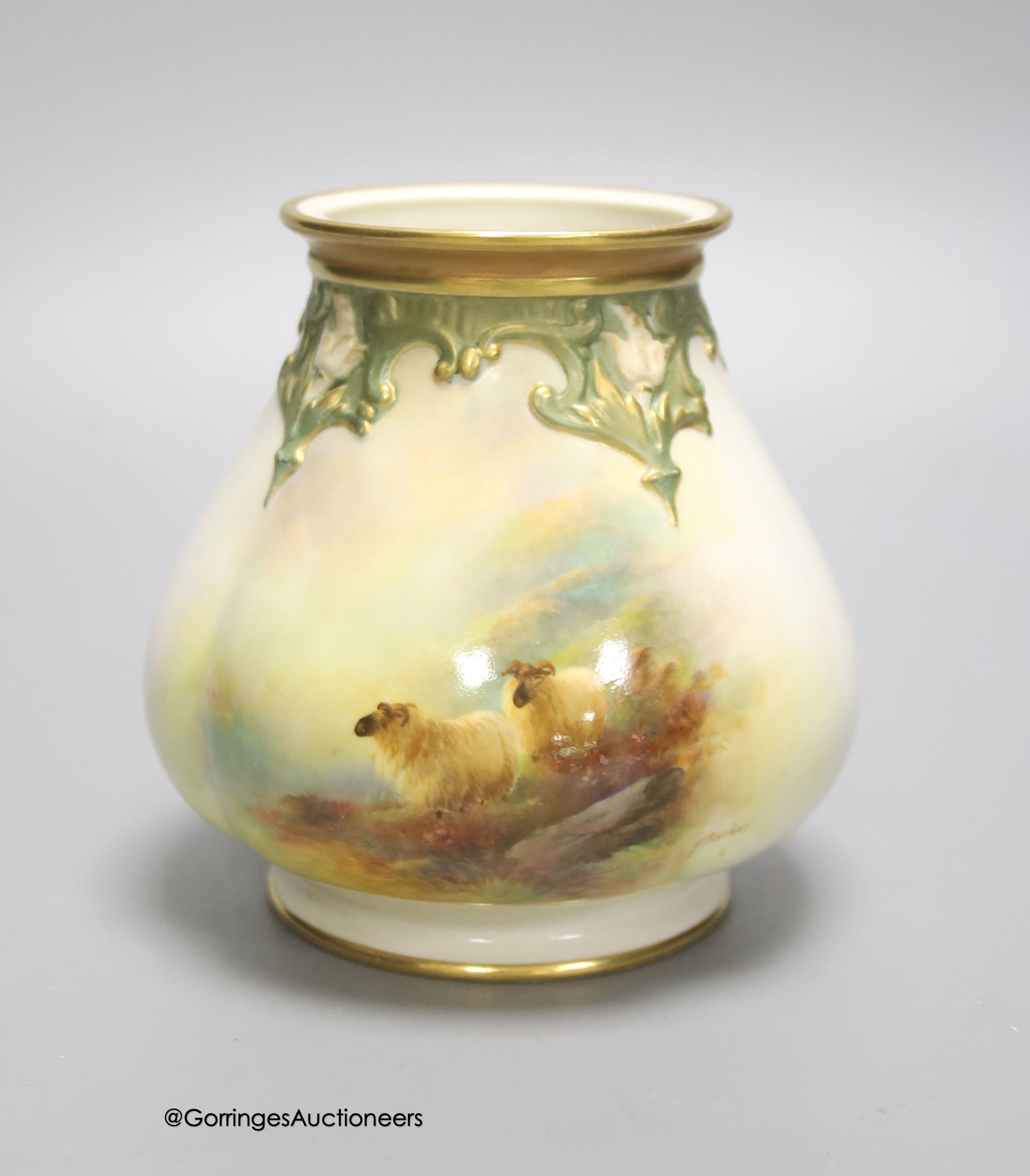 A Royal Worcester vase, painted with Highland sheep, signed E. Barker, 11cm